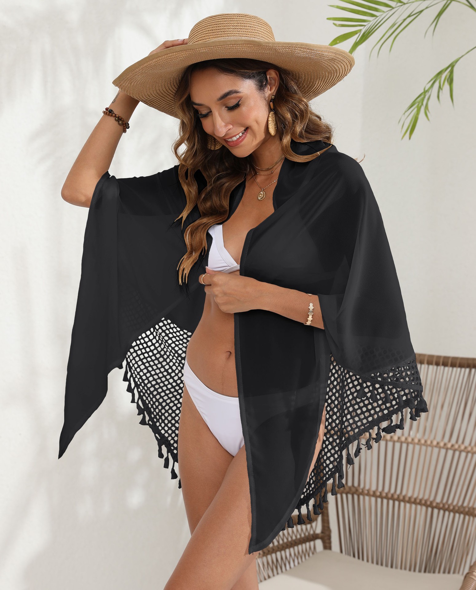 Beach Cover Up Kimono with Tassel Trim and Crochet Mesh Design
